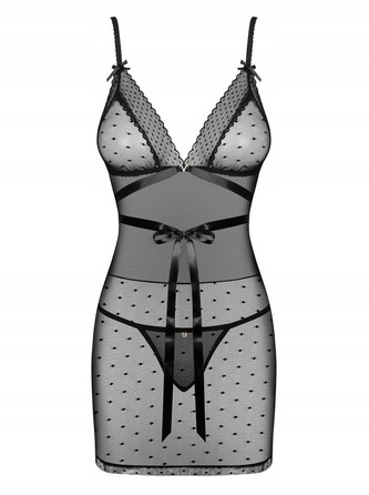 Пеньюар горошок з атласною стрічкою Obsessive Bowessa чорний, S/M