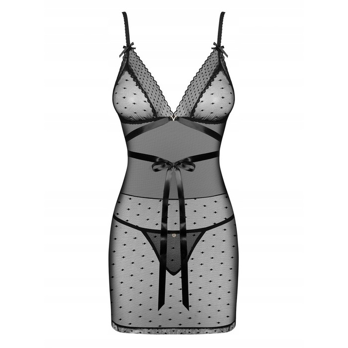 Пеньюар горошок з атласною стрічкою Obsessive Bowessa чорний, S/M