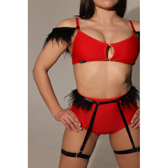 CHARM Feather Top – Топ Із Знімним Пір’яним Декором Для Pole Dance, Twerk Та Сценічних Виступів - червоно-чорний