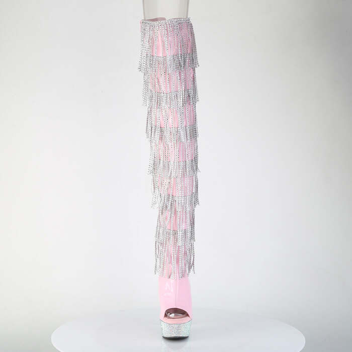 Чоботи Bejeweled-3017HG-RSF-6 на підборах 6 дюймів, 1 3/4 дюйма, 7-шарові чоботи до стегна з бахромою та шнурівкою PF з RS, рожевий голографічний лак/сріблястий AB RS