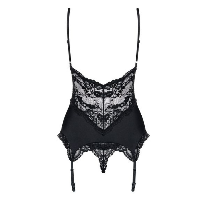 Корсет Obsessive 810-COR-1 с кружевом и пажами для чулок, черный, L/XL