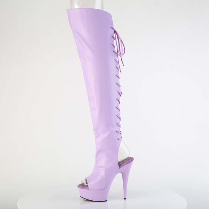 Чоботи Delight-3019 на підборах 6 дюймів, чоботи вище коліна з відкритим носком 1 3/4 дюйма, блискавка збоку, штучна шкіра лавандового кольору