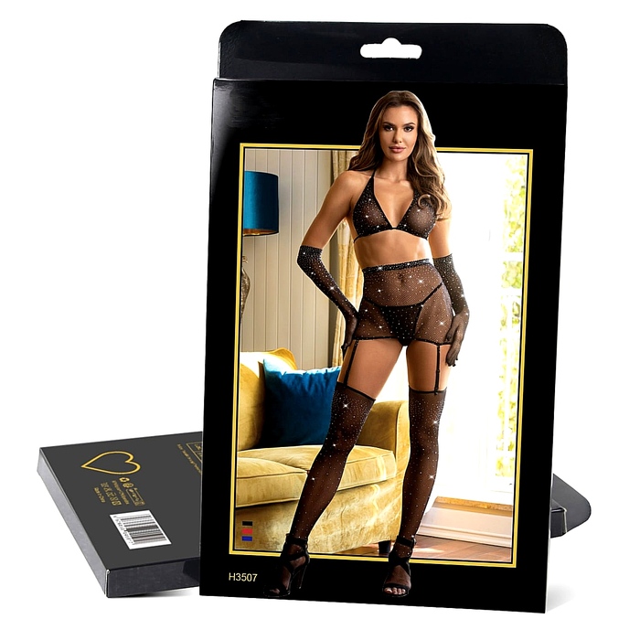 Чорний сексі-комплект у сіточку зі стразами Star Night пояс з підв'язками, рукавички та панчохи, XL