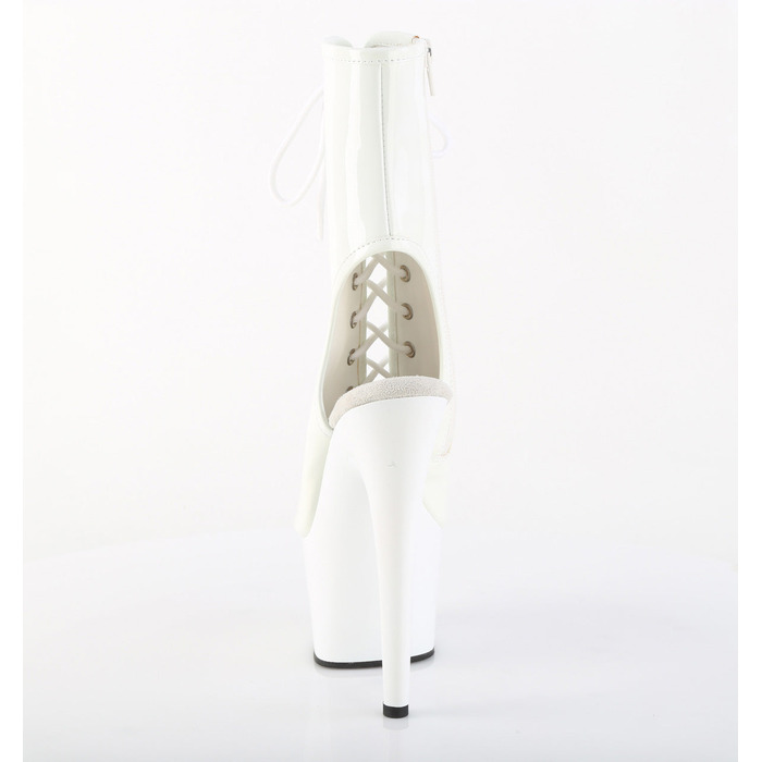 Ботильоны Adore-1016 с каблуком 7 дюймов, открытым носком и пяткой 2 3/4 дюйма, молнией сбоку, белые лакированные.