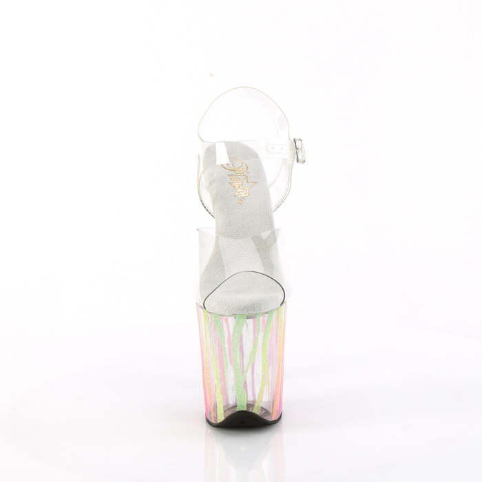 Босоножки Flamingo-808RG-03. Каблук 8 дюймов, ремешок на щиколотке 4 дюйма из PF-материала, подошва с УФ-фильтром, прозрачные/разноцветные.