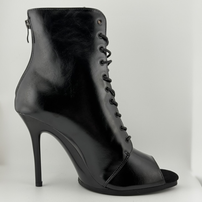 Хілси leather з язичком та литою підошвою, професійне взуття для сучасних танців з відкритим носком та шнурівкою. Ботильйони для High heels (хай хілс), Чорний 11 см, еко шкіра
