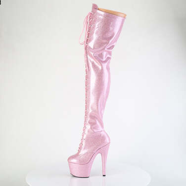 Чоботи Adore-3020GP на підборах 7 дюймів, еластичні черевики до стегна 2 3/4 дюйма зі шнурівкою PF, блискавка збоку, блискітки ніжно-рожевого кольору