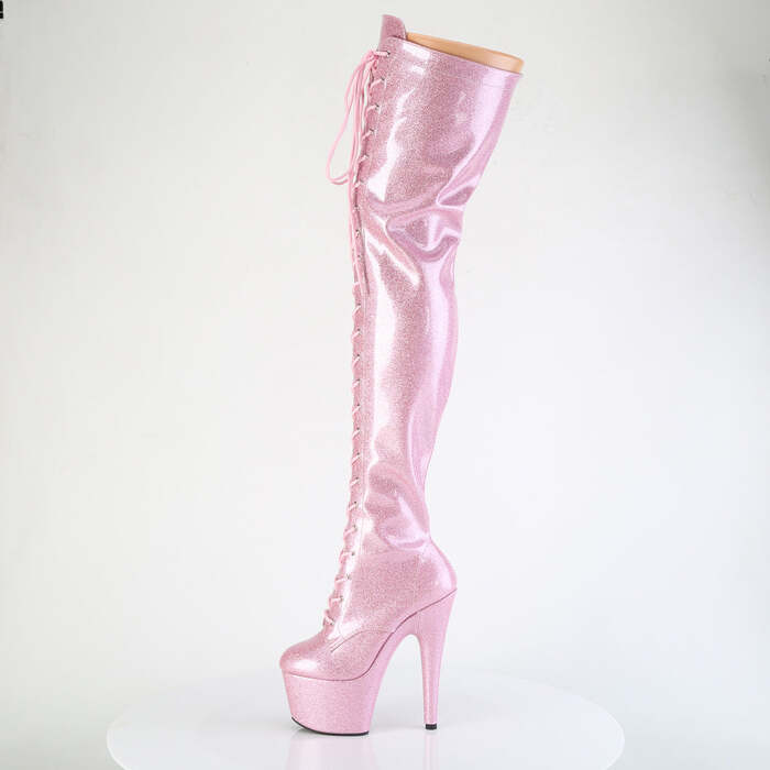 Чоботи Adore-3020GP на підборах 7 дюймів, еластичні черевики до стегна 2 3/4 дюйма зі шнурівкою PF, блискавка збоку, блискітки ніжно-рожевого кольору