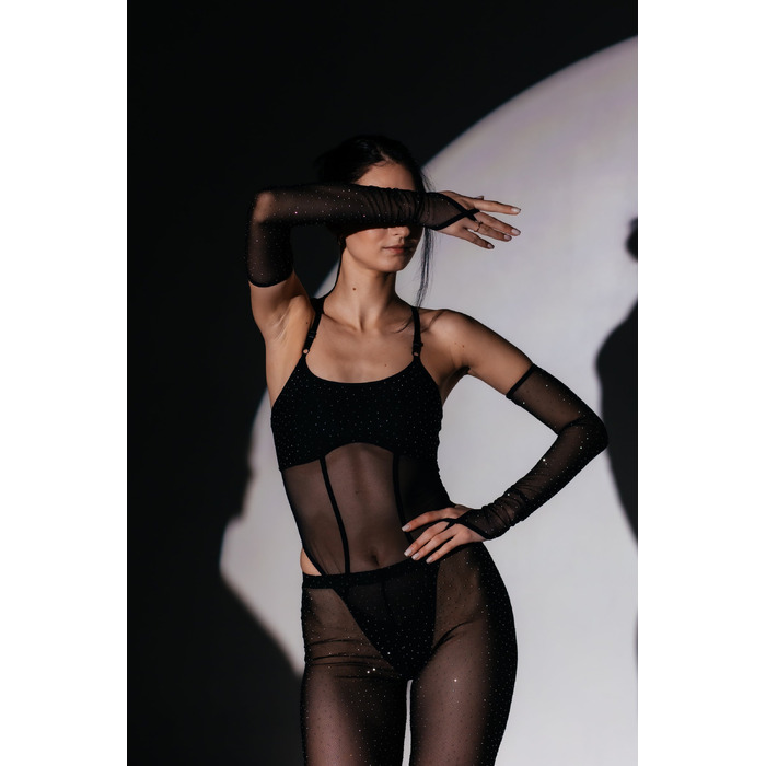 SKINELLE Mesh Crystal Боді з Камінням та Рукавичками для Сцени, Pole та Exotic на Підборах - чорний