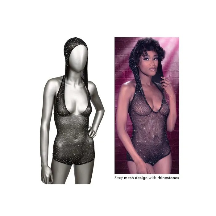 Боди-сетка в стразах с капюшоном CalExotic Hooded Deep V Bodysuit, черный