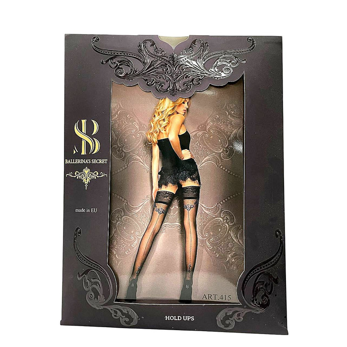 Прозорі чорні панчохи Ballerina's Secret з візерунком, мереживним верхом та заднім швом, S/M
