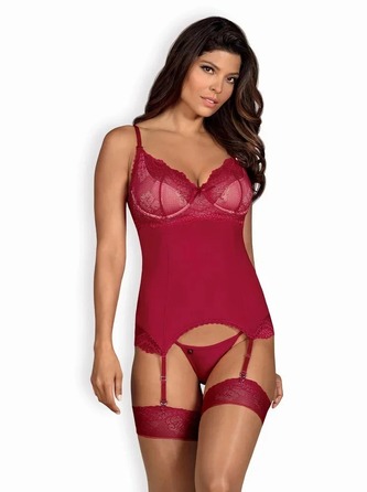 Корсет мереживний із стрінгами Obsessive Rosalyne бордовий, L/XL