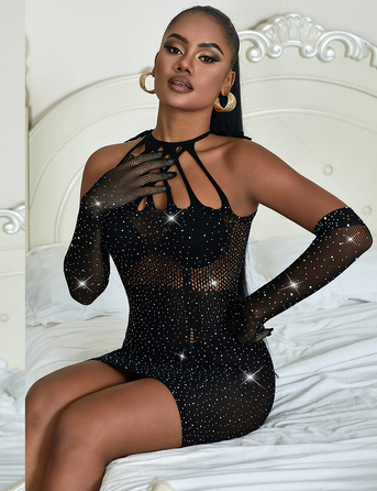 Платье в сеточку с украшениями в виде страз Star Night черное XS-M