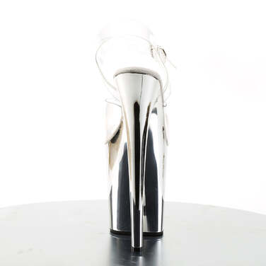 Босоножки Flamingo-808. Каблук 8 дюймов, ремешок на щиколотке 4 дюйма, хромированная подошва, прозрачный/серебристый хром.