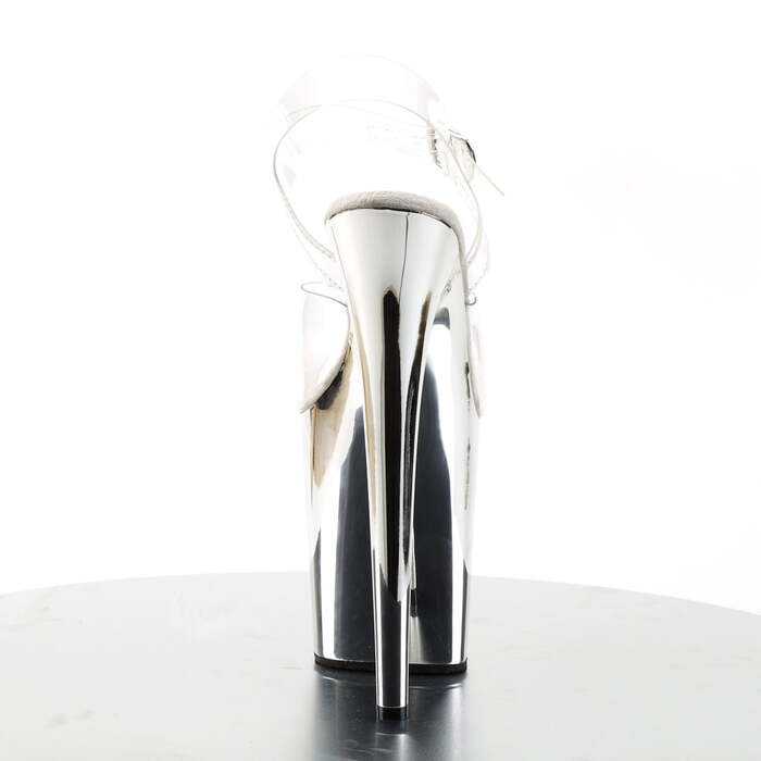 Босоножки Flamingo-808. Каблук 8 дюймов, ремешок на щиколотке 4 дюйма, хромированная подошва, прозрачный/серебристый хром.