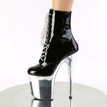 Ботинки Flamingo-1020, каблук 8 дюймов, 4-дюймовые PF-ботинки со шнуровкой спереди, молния сбоку, чёрный/серебристый хром