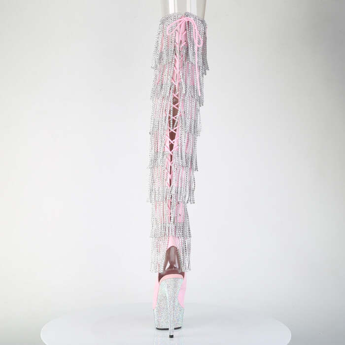 Чоботи Bejeweled-3017HG-RSF-6 на підборах 6 дюймів, 1 3/4 дюйма, 7-шарові чоботи до стегна з бахромою та шнурівкою PF з RS, рожевий голографічний лак/сріблястий AB RS