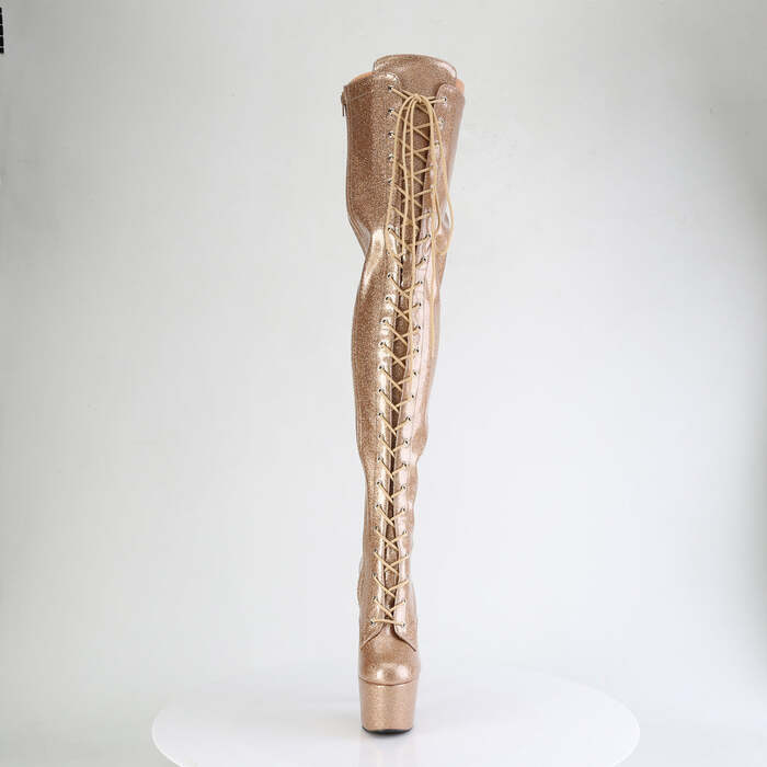 Сапоги Adore-3020GP *Каблук 7 дюймов, 2 3/4 дюйма, эластичные ботфорты со шнуровкой, молнией сбоку, лакированная кожа с золотым блеском