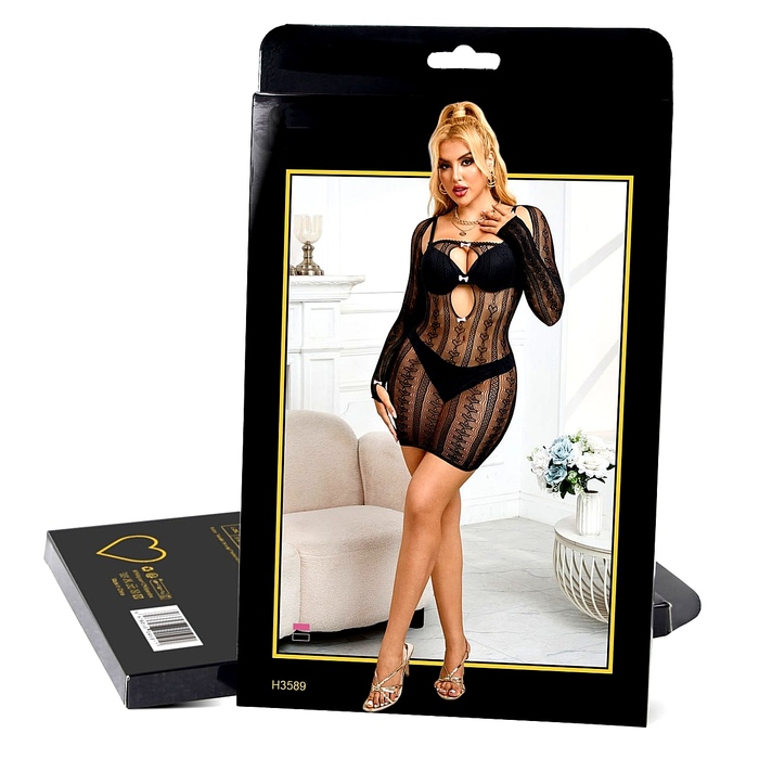 Платье Star Night в сеточку с узорами, черное, L-2XL