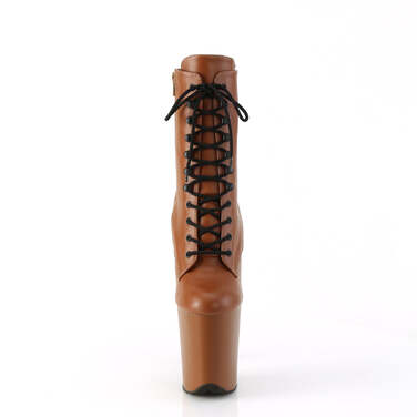 Ботинки Flamingo-1020, каблук 8 дюймов, 4-дюймовые PF-ботинки со шнуровкой спереди, молния сбоку, кофейная веганская кожа