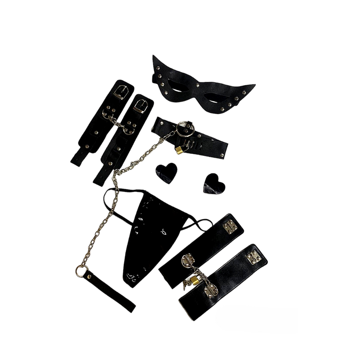 Комплект 6 предметов (наручники+поножи+маска+пестисы+ошейник с поводком+трусы) Sunspice