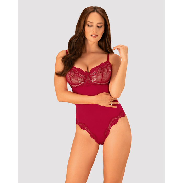 Боди сексуальное с кружевными вставками Obsessive Rosalyne красное, L/XL