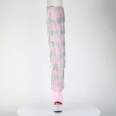 Чоботи Bejeweled-3017HG-RSF-6 на підборах 6 дюймів, 1 3/4 дюйма, 7-шарові чоботи до стегна з бахромою та шнурівкою PF з RS, рожевий голографічний лак/сріблястий AB RS