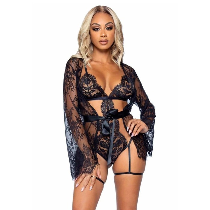 Мереживні боді та халат Leg Avenue, чорний S