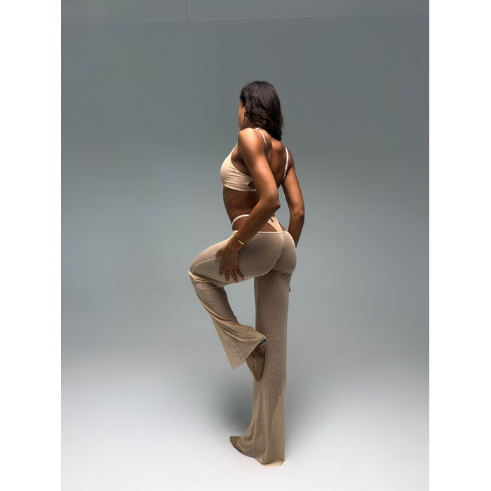 WHISPER DUST Pole Dance Комплект із 3 Елементів: Топ, Трусики та Широкі Сітчасті Штани з Портупеєю з Блиском для Pole Dance, Exotic та Сценічних Виступів - бежевий
