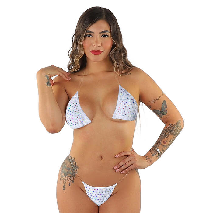 Комплект мікробікіні Dancewear Candy-02RS з розсипом стразів та невидимими бретелями, білий