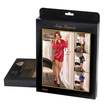 Халат з декоративним мереживом та довгими рукавами під пояс Star Night стрінги в комплекті, чорний, M