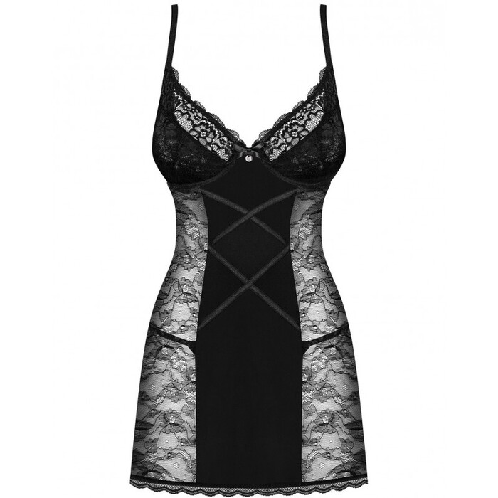 Комплект Obsessive Laurise пеньюар мереживний з трусиками, чорний, S/M