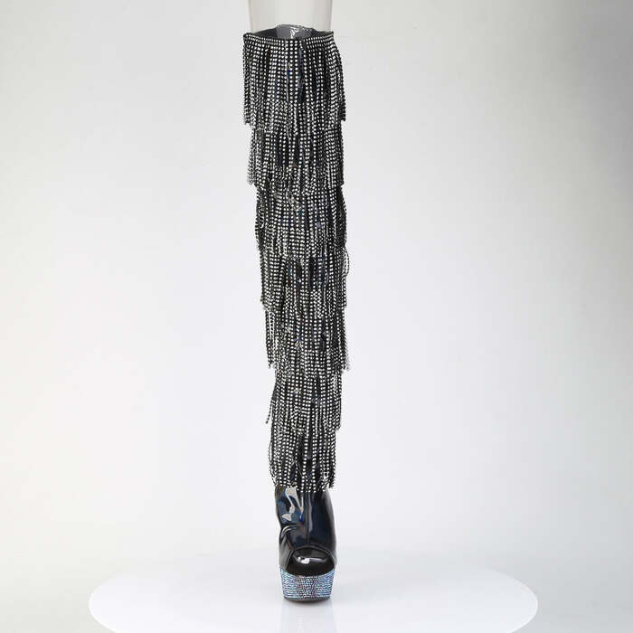 Сапоги Bejeweled-3017HG-RSF-6, каблук 6 дюймов, высота 3,5 см, 7-слойная бахрома, шнуровка, ботфорты, черный голографический лак/серебро