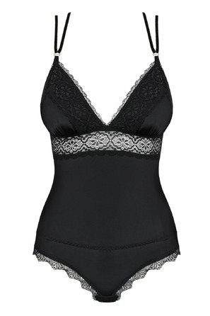 Эротическое боди из атласа с элементами кружева Obsessive Lolitte и открытой спиной, черный, XXL