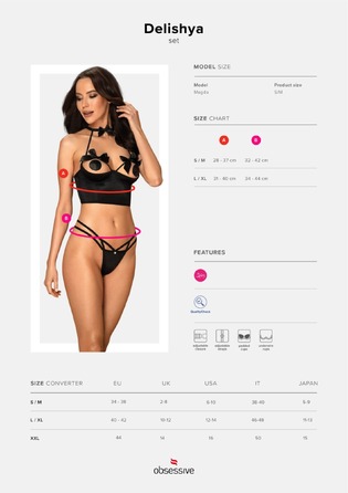Комплект-корсет со шнуровкой и трусиками Obsessive Delishya, черный, L/XL
