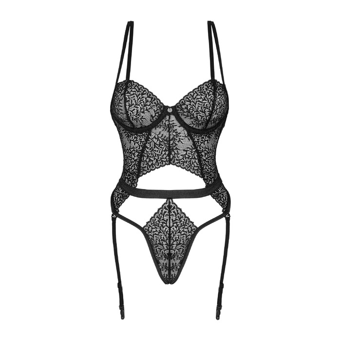 Мереживне боді Obsessive Yaskana з підв'язками для панчох, чорний, M/L
