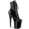 Ботинки Pleaser Flamingo-1020BLG, каблук 8 дюймов, 4-дюймовые PF-ботинки со шнуровкой спереди, молния сбоку, чёрный лак/синий глиттер