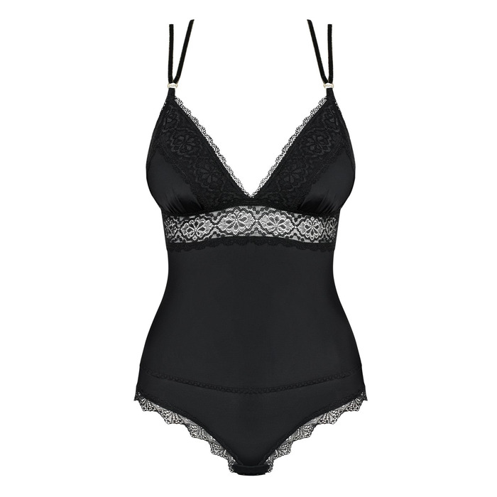 Эротическое боди из атласа с элементами кружева Obsessive Lolitte и открытой спиной, черный, XXL