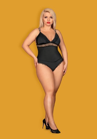 Эротическое боди из атласа с элементами кружева Obsessive Lolitte и открытой спиной, черный, XXL