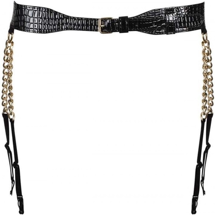 Пояс для чулок с цепями золотистого цвета Obsessive A767 черный, XL/XXL