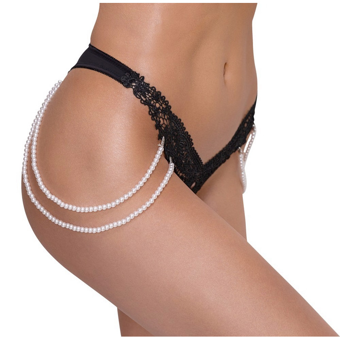 Стринги Cottelli Collection з перлинними ланцюжками з боків, чорні, S/M