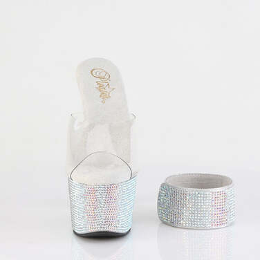 Шльопанці Bejeweled-712RS на підборах 7 дюймів, 2 3/4 дюйма, оздоблені шльопанці на щиколотці з манжетою PF RS, прозорі/сріблясті