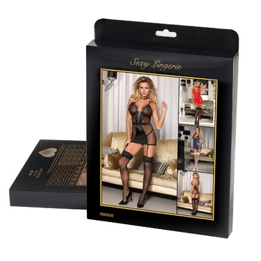 Сексуальный прозрачный пеньюар в сеточку с подвязками Star Night черный, M