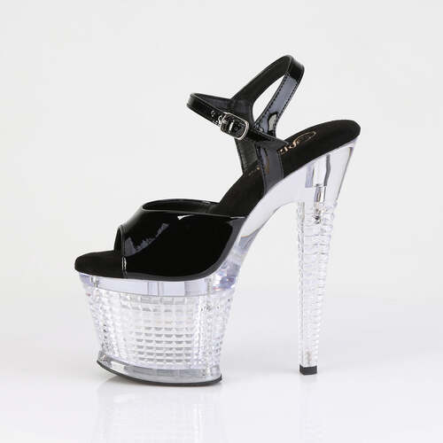 Босоножки Flashdance-709SPEC. Каблук 7 дюймов, ремешок на щиколотке 3 дюйма, текстурированный, с подсветкой PF LED, чёрный/прозрачный.