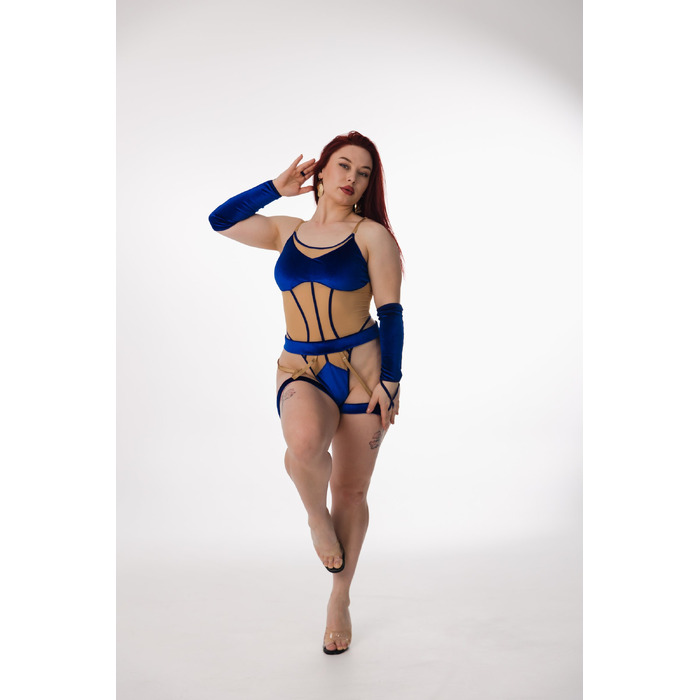 Боді ISHTAR з Оксамиту з Гартерами Поясом та Рукавичками для Pole Dance та Сценічних Виступів - синій