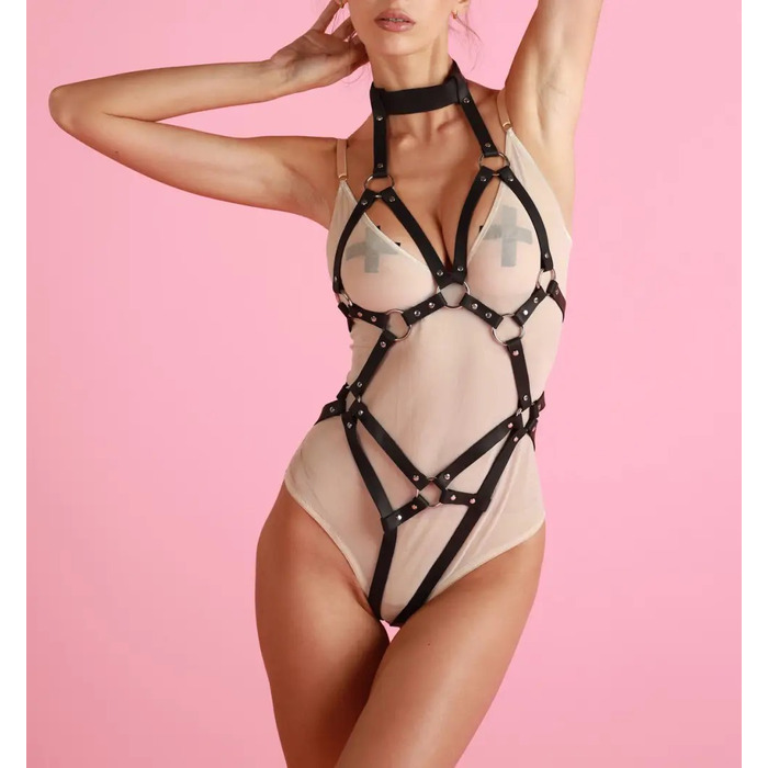 Портупея в виде боди с серебристой фурнитурой Candy Hero Band16 из экокожи, красная