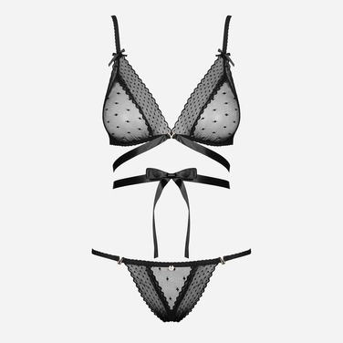 Комплект напівпрозорий Obsessive Bowessa в горошок, чорний, L/XL