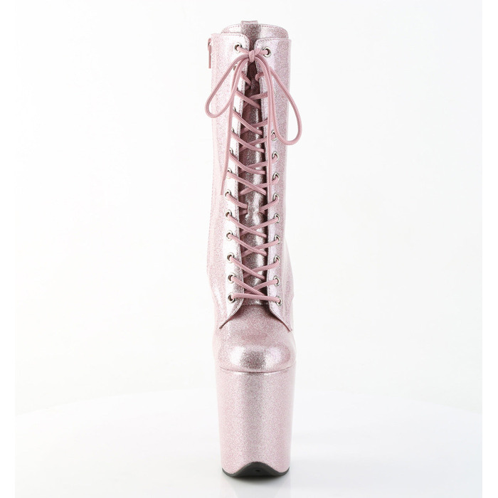 Ботинки Flamingo-1040GP, каблук 8 дюймов, 4-дюймовые PF-ботинки со шнуровкой спереди, молния сбоку, бледно-розовый лак с блестками