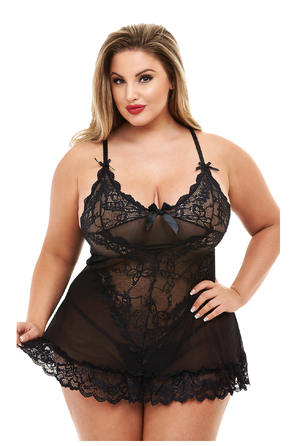 Пеньюар BACI Mini Lace Chemise мереживний, напівпрозорий, чорний, XL