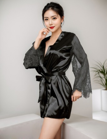 Халат чорний під пояс та довгими мереживними рукавами Star Night стрінги в комплекті, XS/S